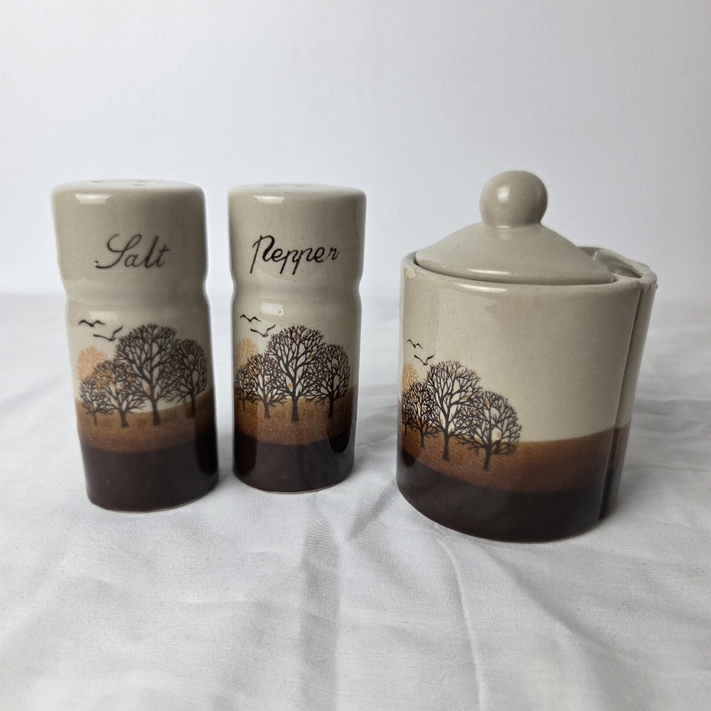 Vintage Stoneware Salt & Pepper Shakers + Sugar Bowl & Creamer Set w Tree Motif